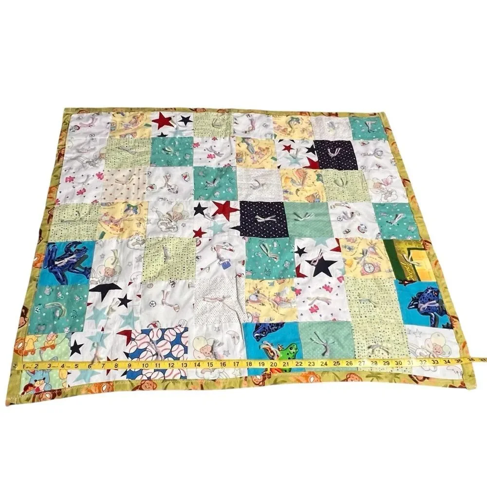 Homemade Monkey Patchwork Baby Quilt with Mixed  Quilt Squares Handcrafted 36x31